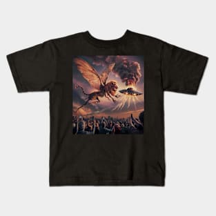 locust with lions head chasing UFO Kids T-Shirt